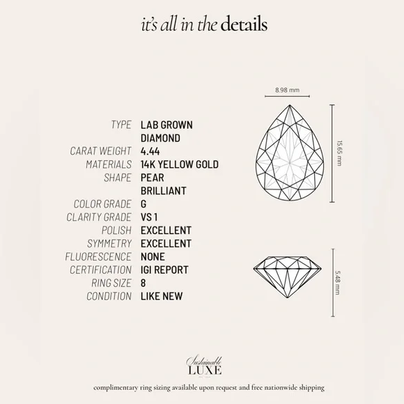 Like New, 4.44 CT Lab Grown Pear Diamond in 14K Yellow Gold with IGI Report - Picture 8 of 8